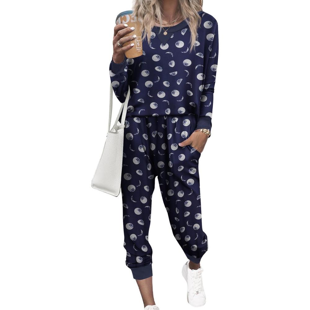 imageEkouaer Pajamas Set Long Sleeve Pj Sets 2 Piece Jogger Pajama Sets Soft Sleepwear Loungewear for WomenBlue Moon