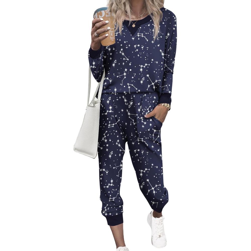 imageEkouaer Pajamas Set Long Sleeve Pj Sets 2 Piece Jogger Pajama Sets Soft Sleepwear Loungewear for WomenBlue Star