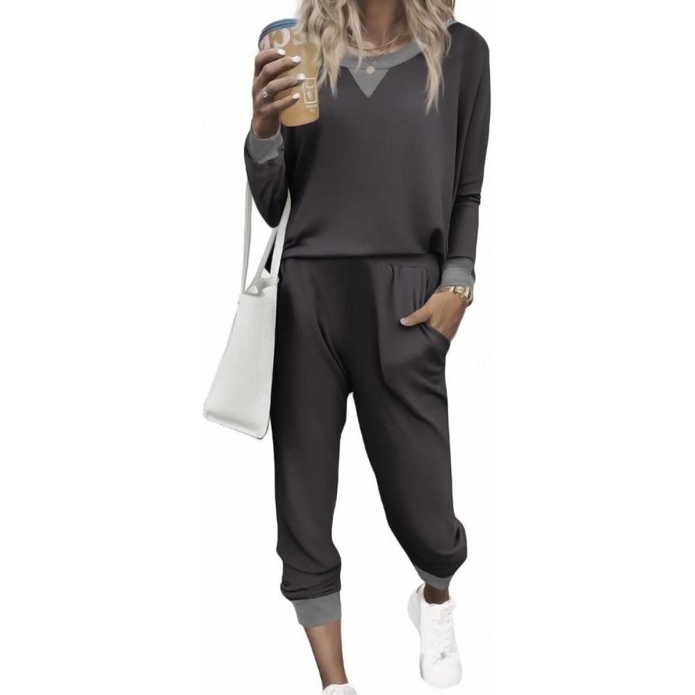 imageEkouaer Pajamas Set Long Sleeve Pj Sets 2 Piece Jogger Pajama Sets Soft Sleepwear Loungewear for WomenDark Grey