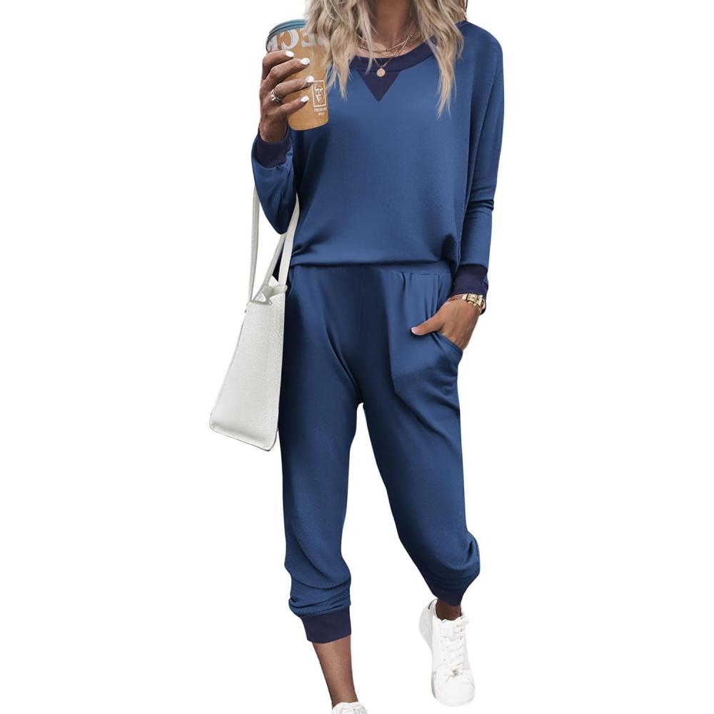 imageEkouaer Pajamas Set Long Sleeve Pj Sets 2 Piece Jogger Pajama Sets Soft Sleepwear Loungewear for WomenDeep Blue