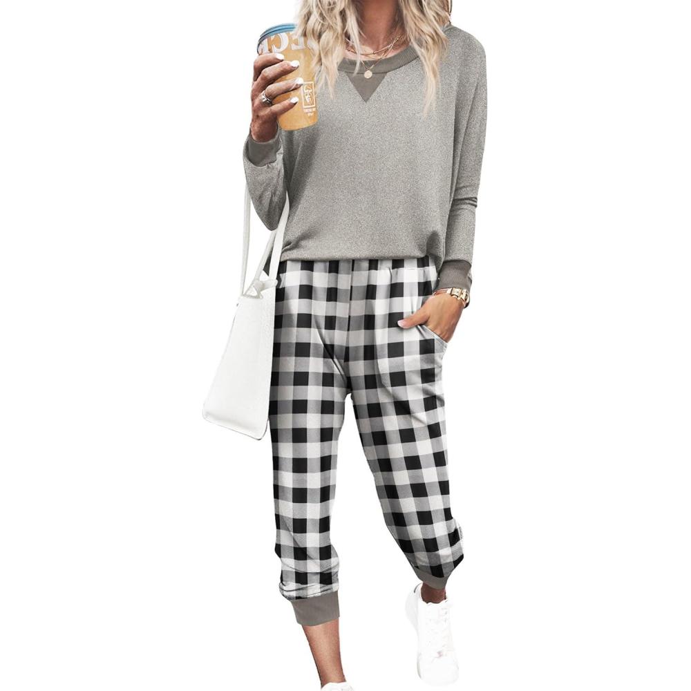 imageEkouaer Pajamas Set Long Sleeve Pj Sets 2 Piece Jogger Pajama Sets Soft Sleepwear Loungewear for WomenGrey Plaid