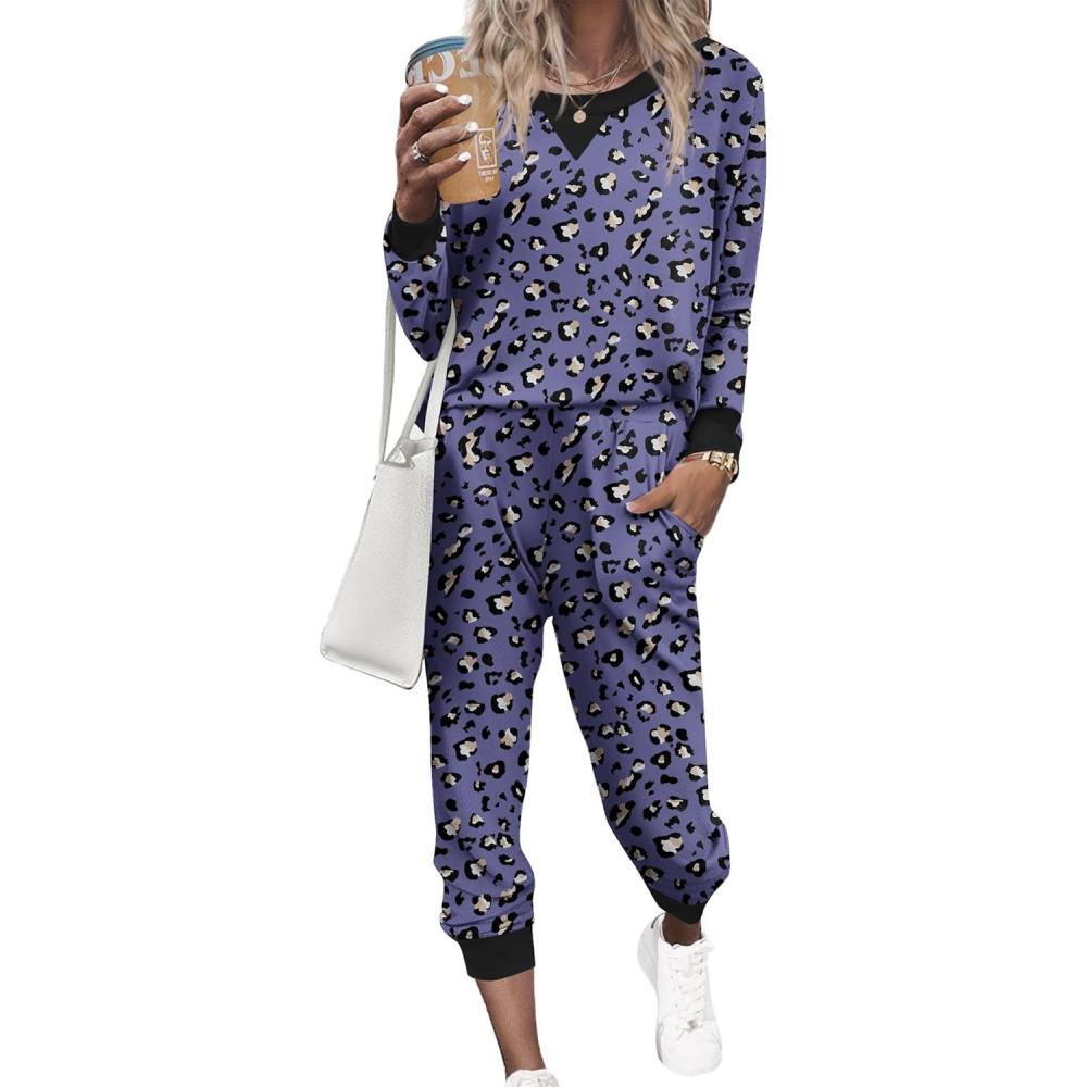 imageEkouaer Pajamas Set Long Sleeve Pj Sets 2 Piece Jogger Pajama Sets Soft Sleepwear Loungewear for WomenPurple Leopard