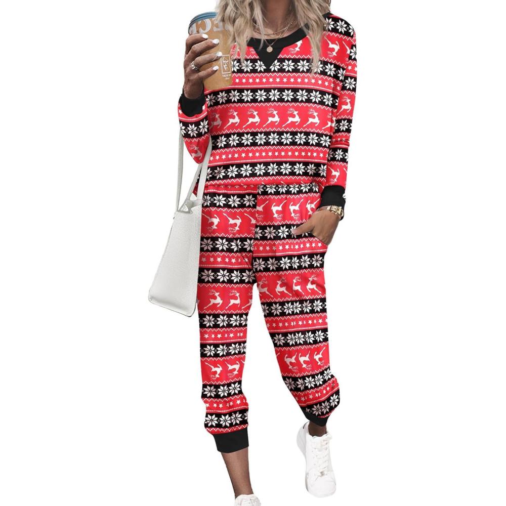 imageEkouaer Pajamas Set Long Sleeve Pj Sets 2 Piece Jogger Pajama Sets Soft Sleepwear Loungewear for WomenRed Deer