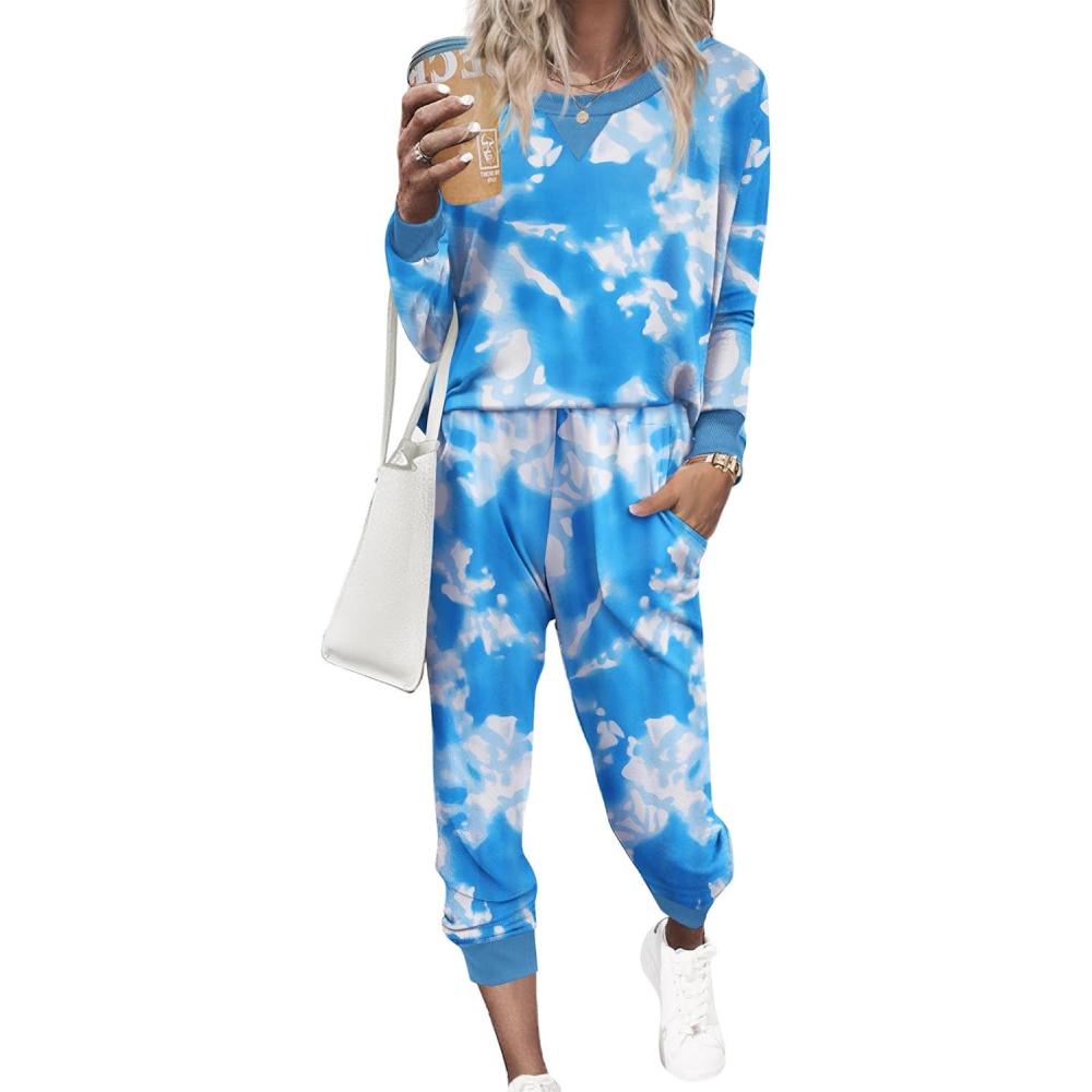 imageEkouaer Pajamas Set Long Sleeve Pj Sets 2 Piece Jogger Pajama Sets Soft Sleepwear Loungewear for WomenTie Dye Blue White