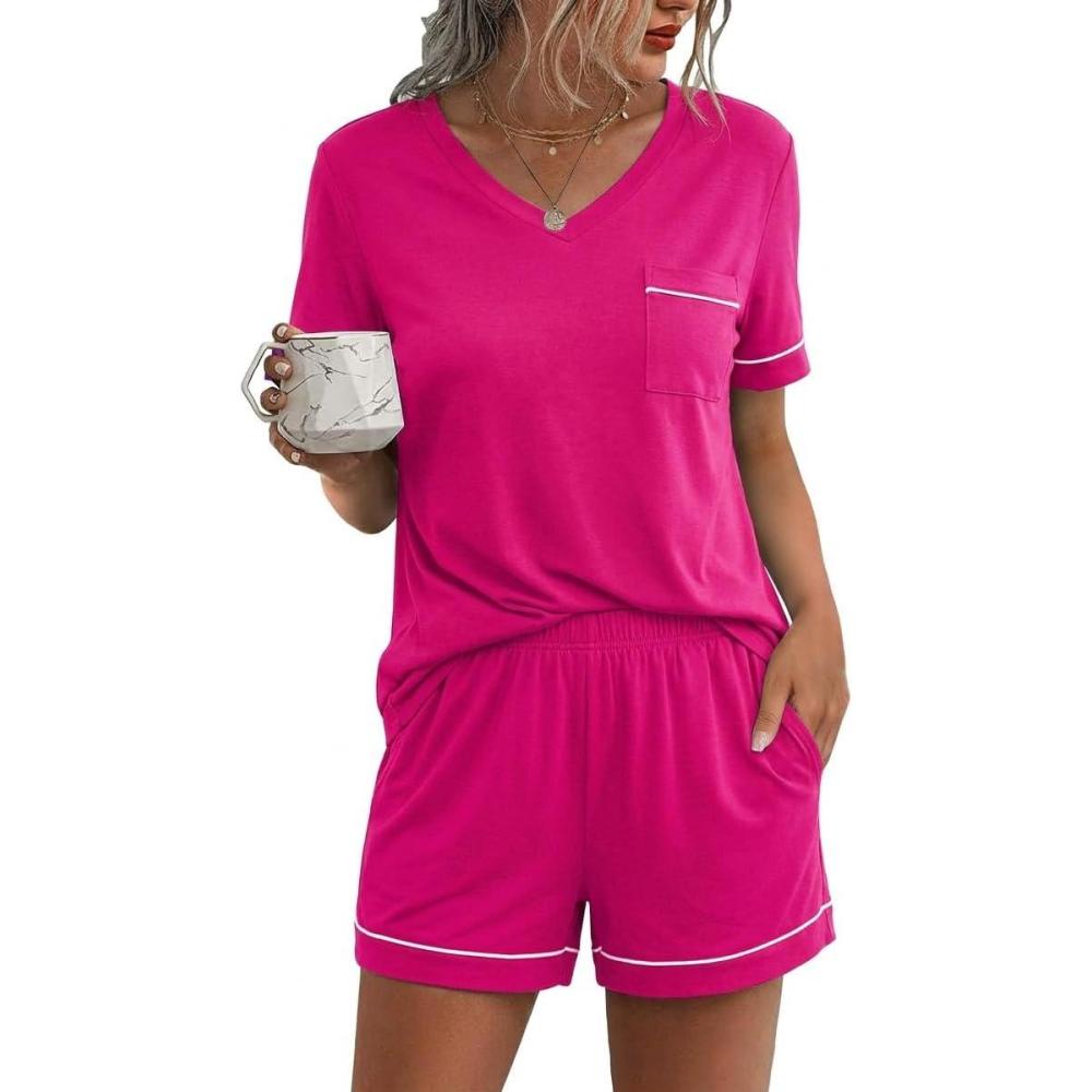 imageEkouaer Pajamas for Women Set 2 Piece Short Sleeve Sleepwear Summer Tops and Shorts Pjs Lounge Set SXXLArose Red