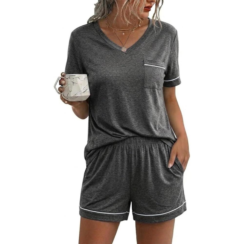 imageEkouaer Pajamas for Women Set 2 Piece Short Sleeve Sleepwear Summer Tops and Shorts Pjs Lounge Set SXXLDark Grey