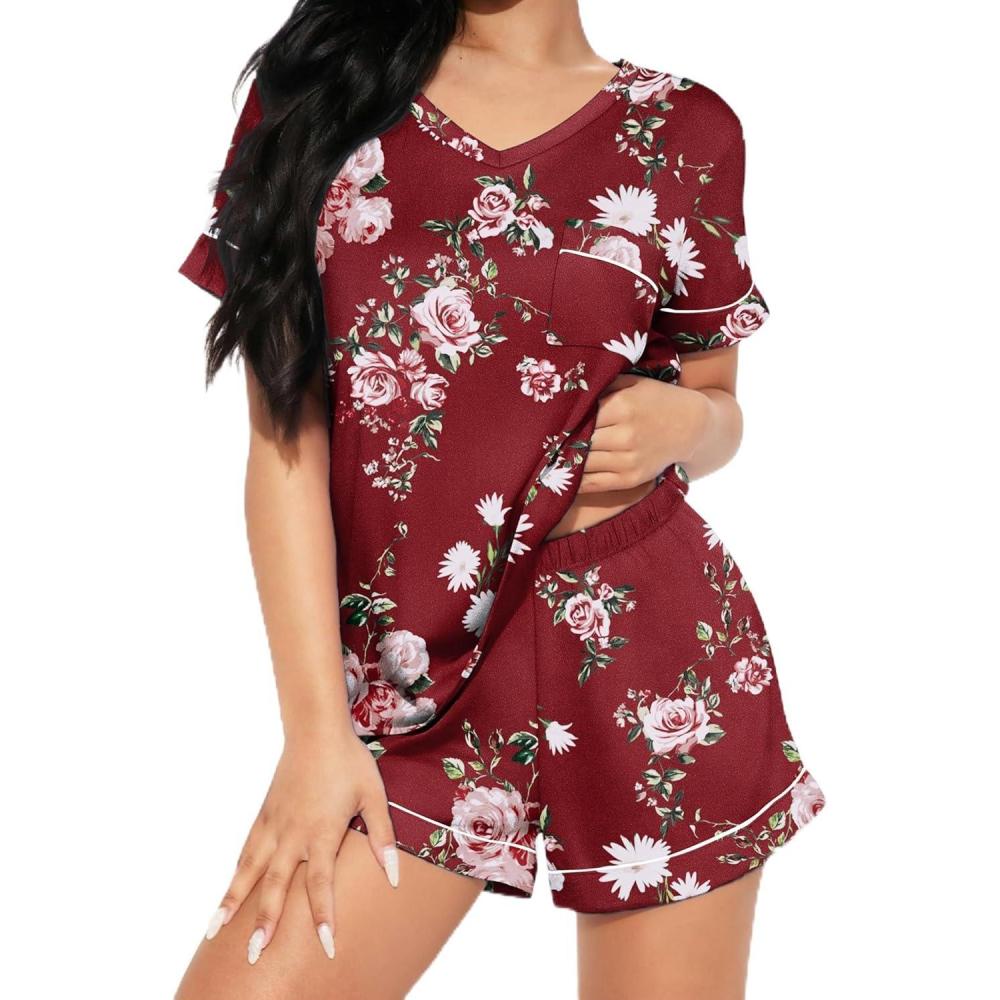 imageEkouaer Pajamas for Women Set 2 Piece Short Sleeve Sleepwear Summer Tops and Shorts Pjs Lounge Set SXXLFloral Wine