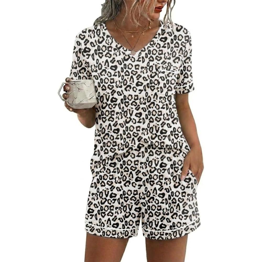 imageEkouaer Pajamas for Women Set 2 Piece Short Sleeve Sleepwear Summer Tops and Shorts Pjs Lounge Set SXXLLeopard