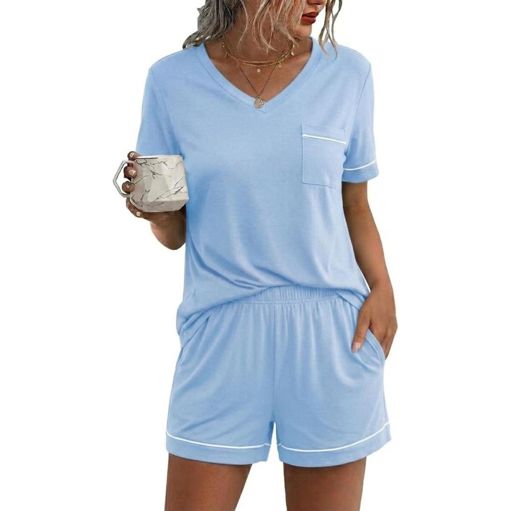 imageEkouaer Pajamas for Women Set 2 Piece Short Sleeve Sleepwear Summer Tops and Shorts Pjs Lounge Set SXXLLight Blue