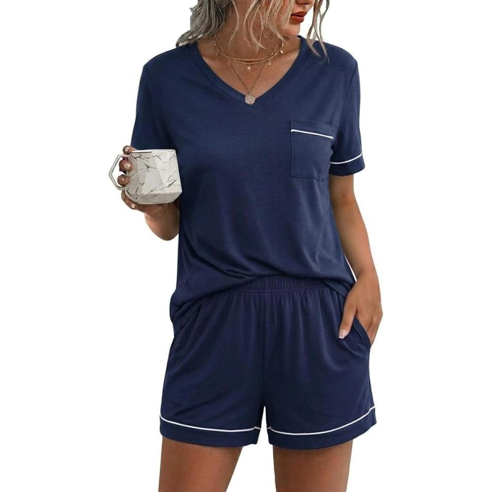 imageEkouaer Pajamas for Women Set 2 Piece Short Sleeve Sleepwear Summer Tops and Shorts Pjs Lounge Set SXXLNavy