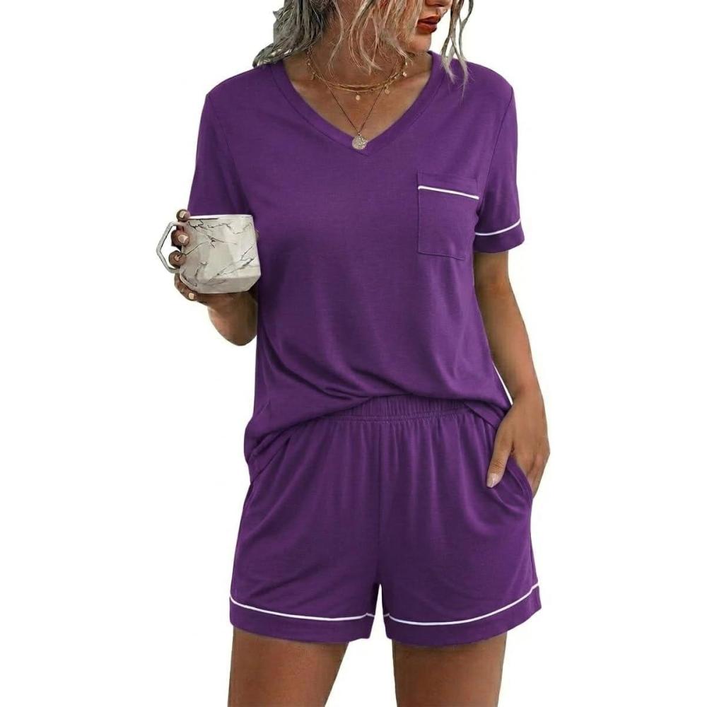 imageEkouaer Pajamas for Women Set 2 Piece Short Sleeve Sleepwear Summer Tops and Shorts Pjs Lounge Set SXXLPurple