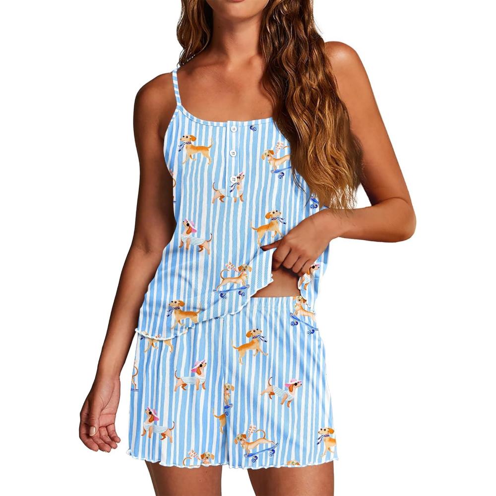 imageEkouaer Pajamas for Women Set Lingerie Pjs 2 Piece Cami Sleepwear Ribbed Knit Shorts SetStriped Dog