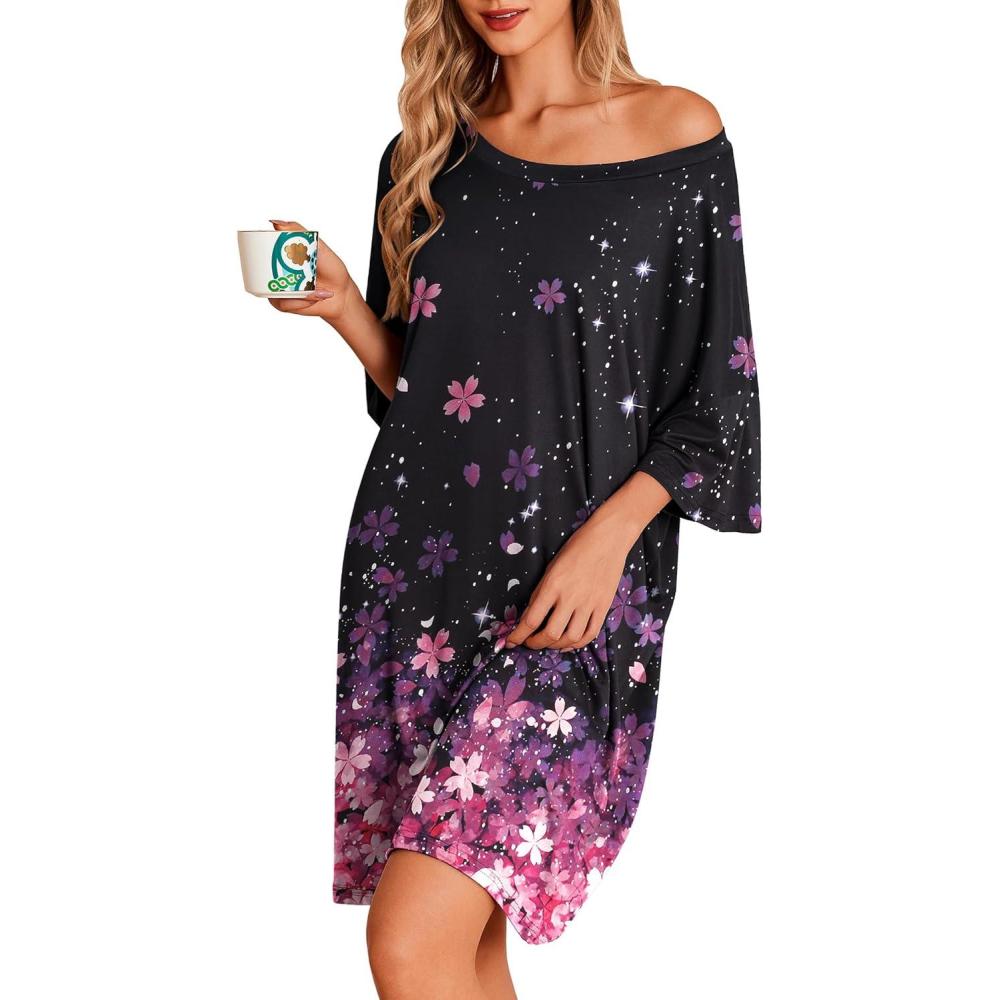 imageEkouaer Plus Size Nightgowns for Women Oversized Sleep Shirt Short Sleeve Nightshirt TShirt Dress Sleepwear S5XLBlack Sakura