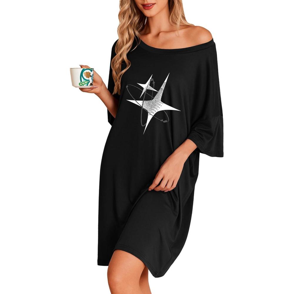 imageEkouaer Plus Size Nightgowns for Women Oversized Sleep Shirt Short Sleeve Nightshirt TShirt Dress Sleepwear S5XLBlack Starlight