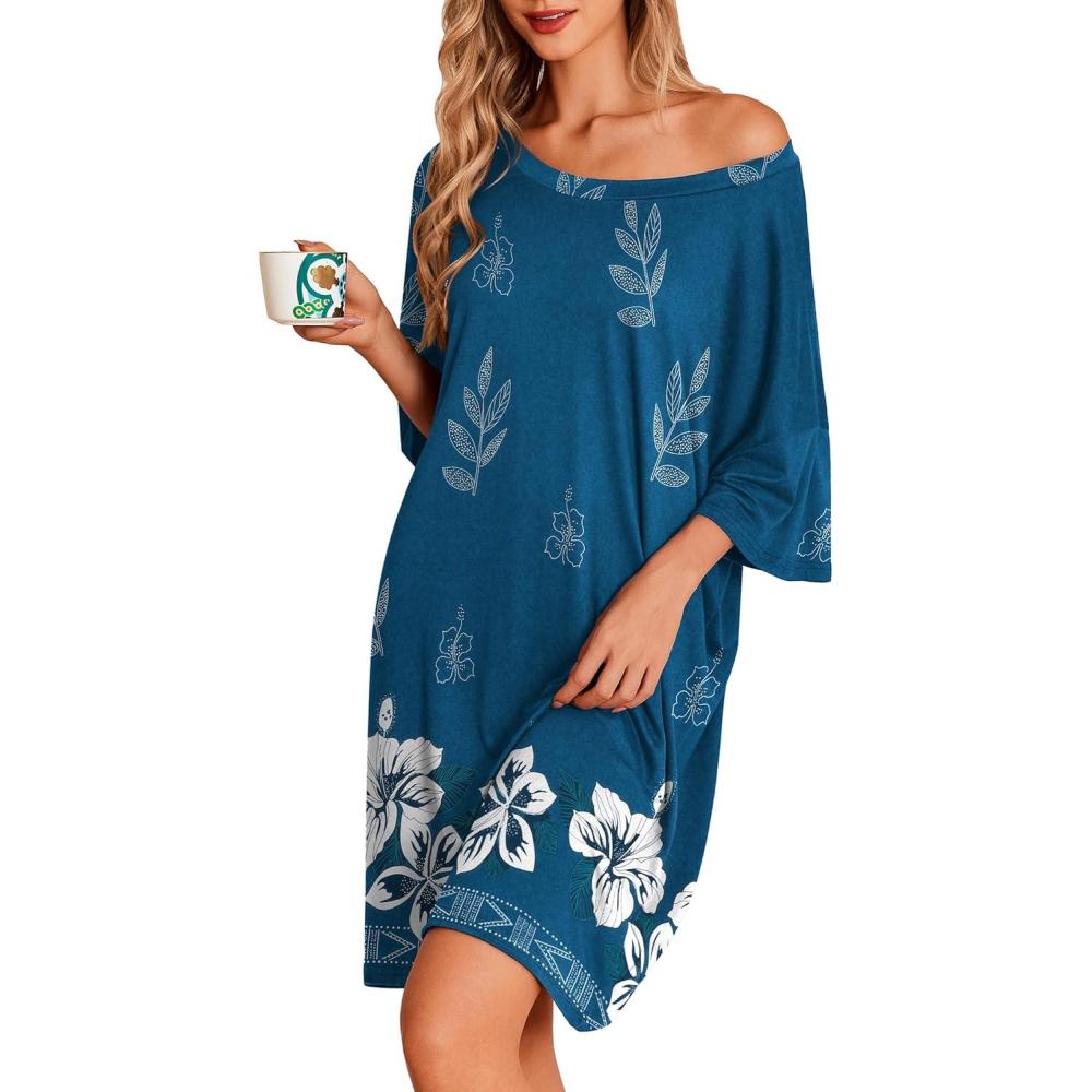 imageEkouaer Plus Size Nightgowns for Women Oversized Sleep Shirt Short Sleeve Nightshirt TShirt Dress Sleepwear S5XLBlue Flower