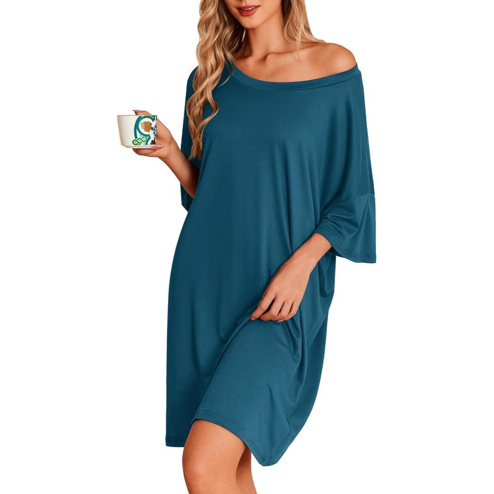 imageEkouaer Plus Size Nightgowns for Women Oversized Sleep Shirt Short Sleeve Nightshirt TShirt Dress Sleepwear S5XLBlue Green