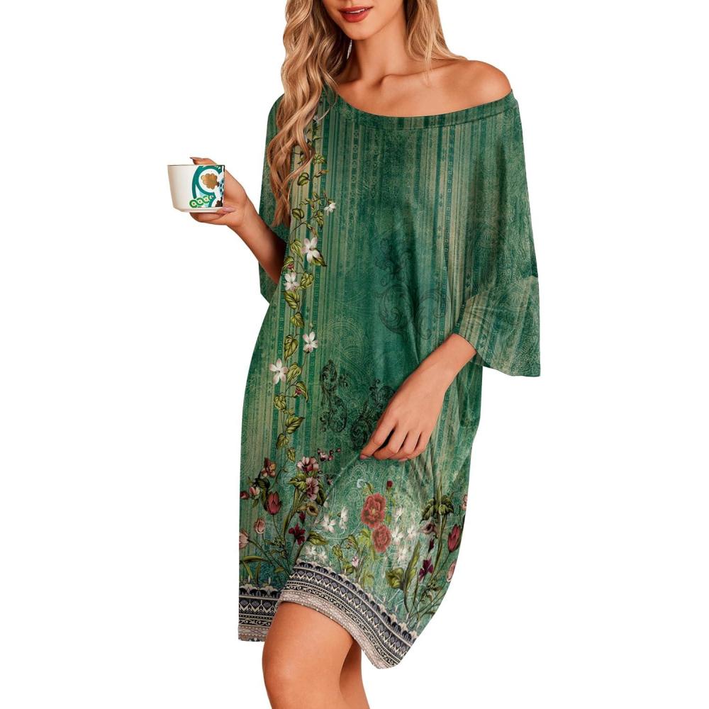 imageEkouaer Plus Size Nightgowns for Women Oversized Sleep Shirt Short Sleeve Nightshirt TShirt Dress Sleepwear S5XLGreen Flower