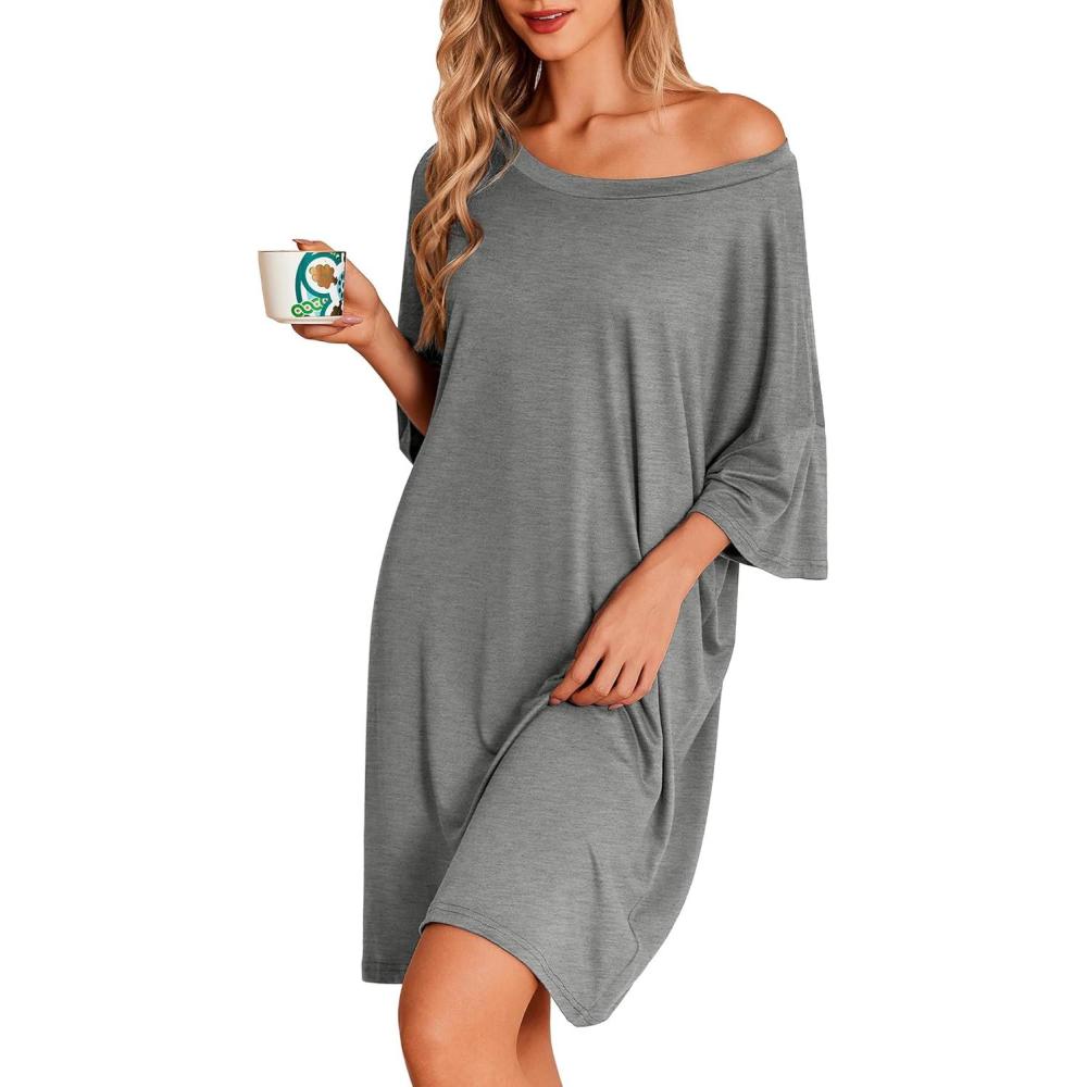 imageEkouaer Plus Size Nightgowns for Women Oversized Sleep Shirt Short Sleeve Nightshirt TShirt Dress Sleepwear S5XLGrey