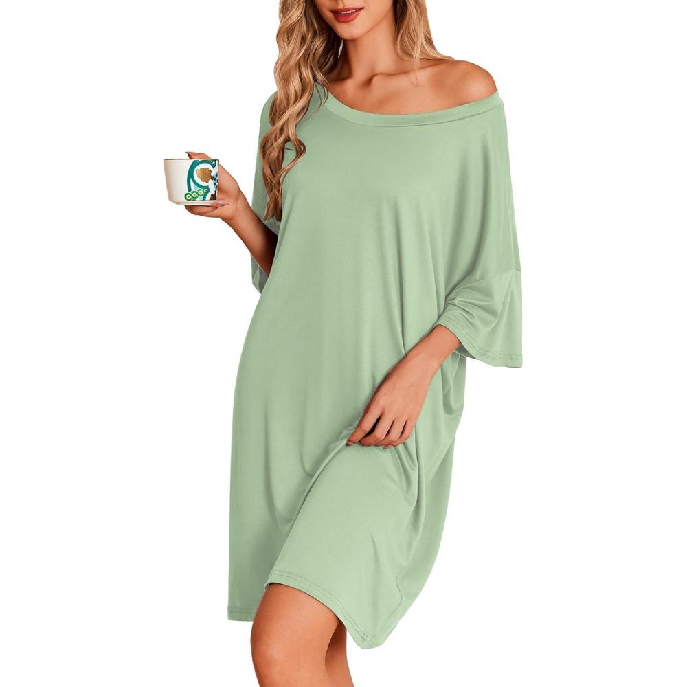 imageEkouaer Plus Size Nightgowns for Women Oversized Sleep Shirt Short Sleeve Nightshirt TShirt Dress Sleepwear S5XLLight Green