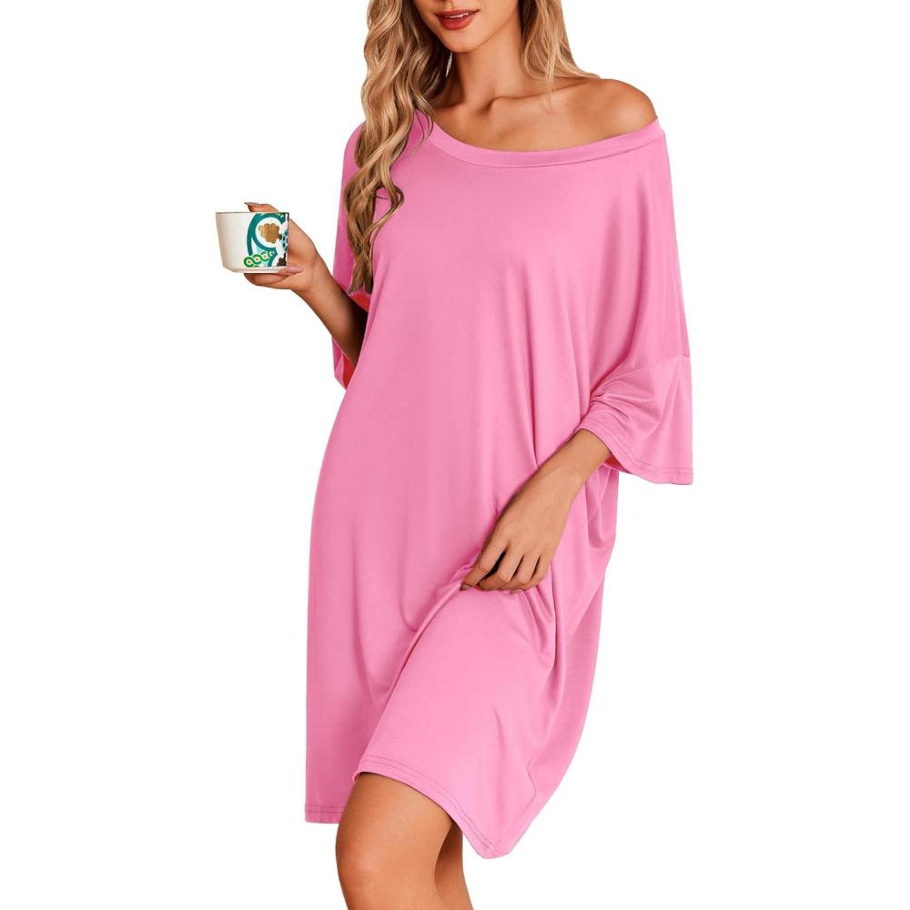 imageEkouaer Plus Size Nightgowns for Women Oversized Sleep Shirt Short Sleeve Nightshirt TShirt Dress Sleepwear S5XLPink