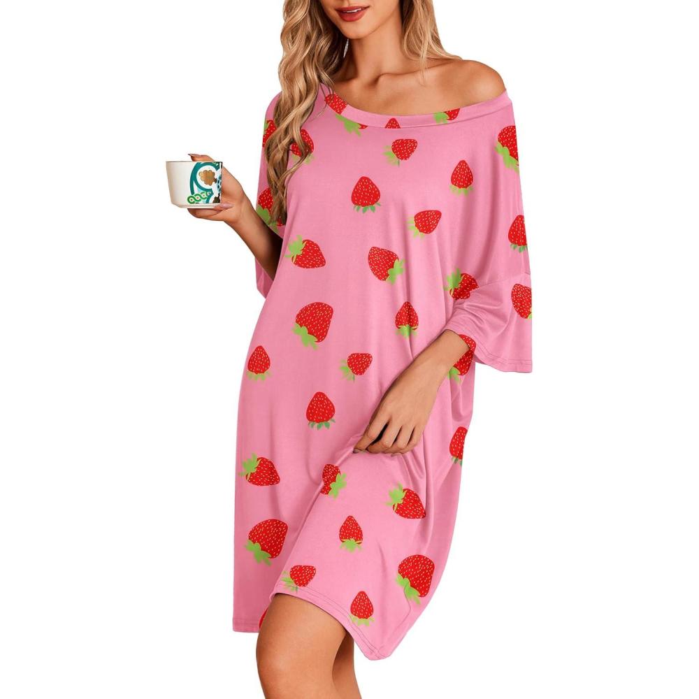 imageEkouaer Plus Size Nightgowns for Women Oversized Sleep Shirt Short Sleeve Nightshirt TShirt Dress Sleepwear S5XLPink Strawberry