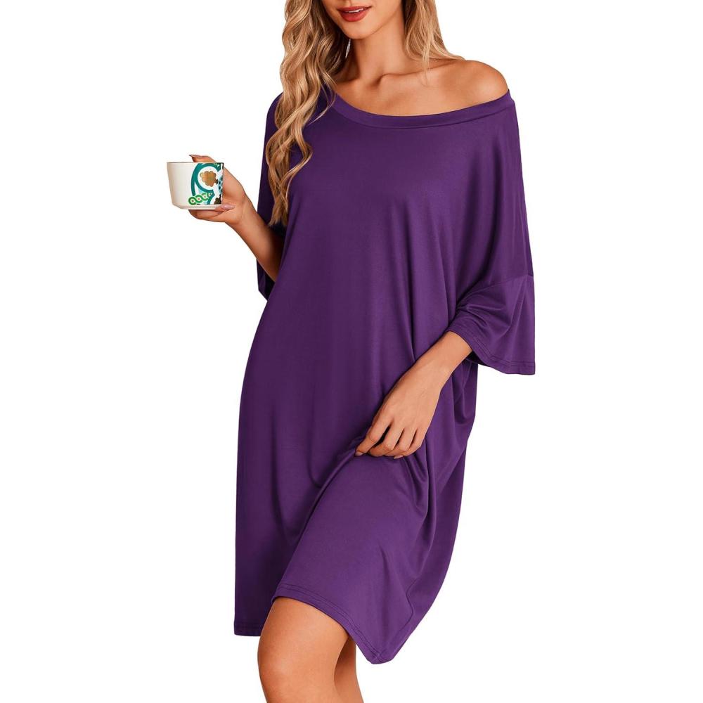 imageEkouaer Plus Size Nightgowns for Women Oversized Sleep Shirt Short Sleeve Nightshirt TShirt Dress Sleepwear S5XLPurple