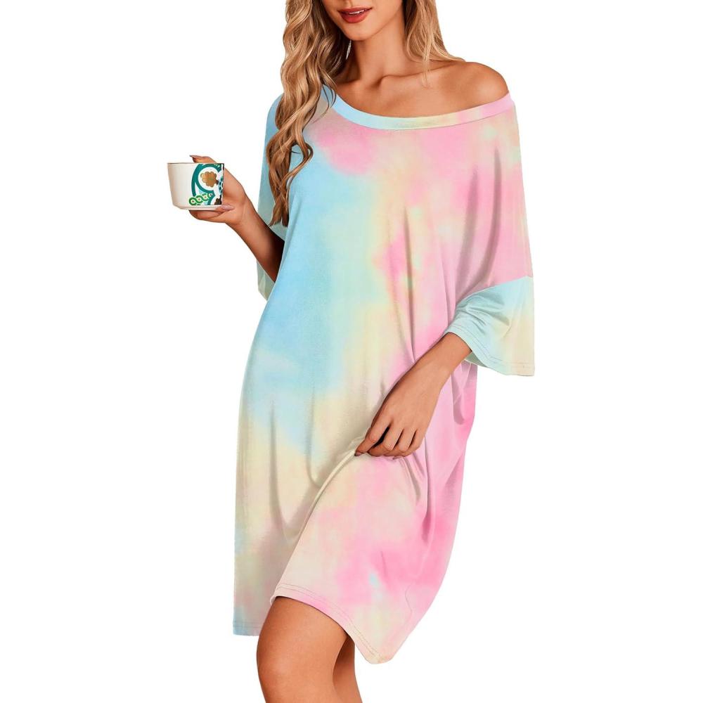imageEkouaer Plus Size Nightgowns for Women Oversized Sleep Shirt Short Sleeve Nightshirt TShirt Dress Sleepwear S5XLTie Dye Pink