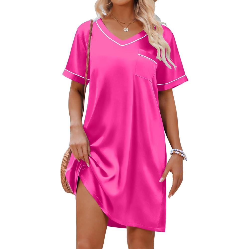 imageEkouaer Satin Nightgowns for Women Silk Sleep Shirt Silky Loose Sleepwear V Neck Nightshirt Short Sleeve PajamasRose Red