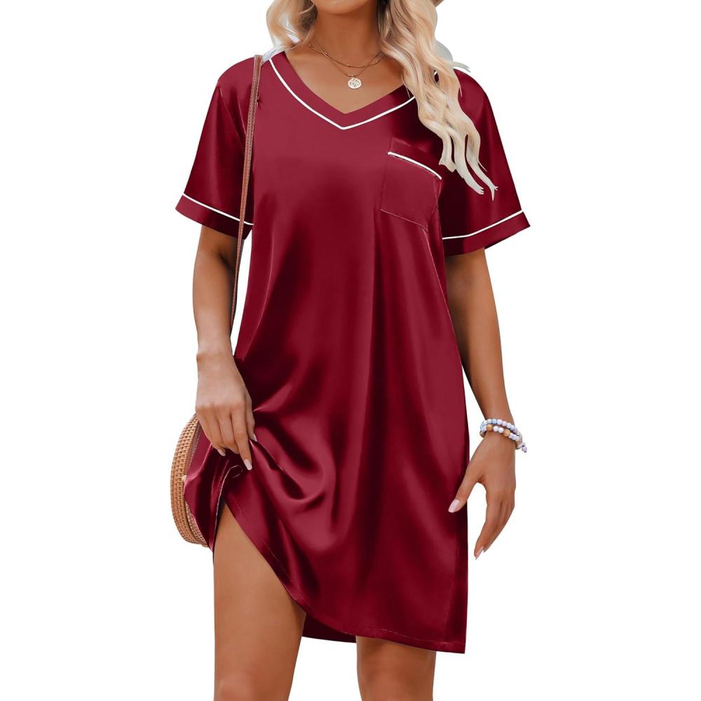 imageEkouaer Satin Nightgowns for Women Silk Sleep Shirt Silky Loose Sleepwear V Neck Nightshirt Short Sleeve PajamasWine Red