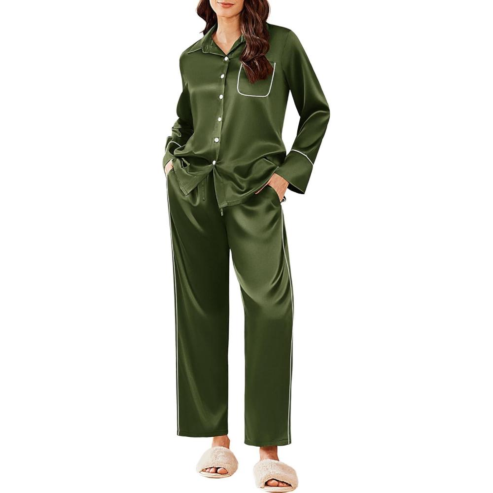 imageEkouaer Silk Pajamas for Women Satin Pajama Sets Button Down Lounge Sets Silky Pajama Long Pants Sleepwear with PocketsArmy Green