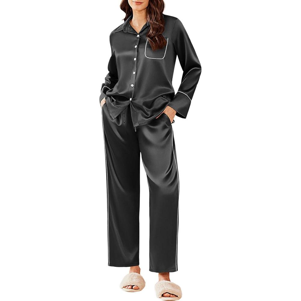 imageEkouaer Silk Pajamas for Women Satin Pajama Sets Button Down Lounge Sets Silky Pajama Long Pants Sleepwear with PocketsBlack
