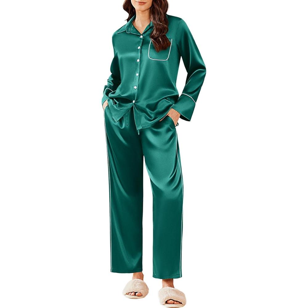 imageEkouaer Silk Pajamas for Women Satin Pajama Sets Button Down Lounge Sets Silky Pajama Long Pants Sleepwear with PocketsBlue