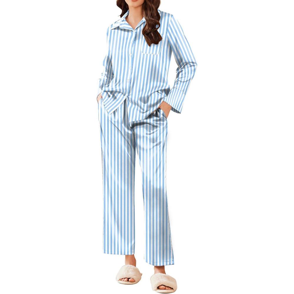 imageEkouaer Silk Pajamas for Women Satin Pajama Sets Button Down Lounge Sets Silky Pajama Long Pants Sleepwear with PocketsBlue and White Stripes