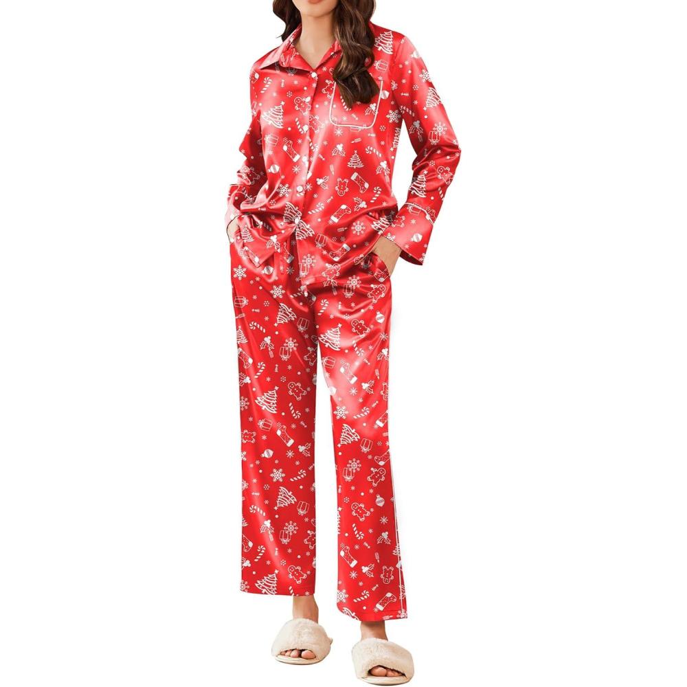 imageEkouaer Silk Pajamas for Women Satin Pajama Sets Button Down Lounge Sets Silky Pajama Long Pants Sleepwear with PocketsChristmas Red