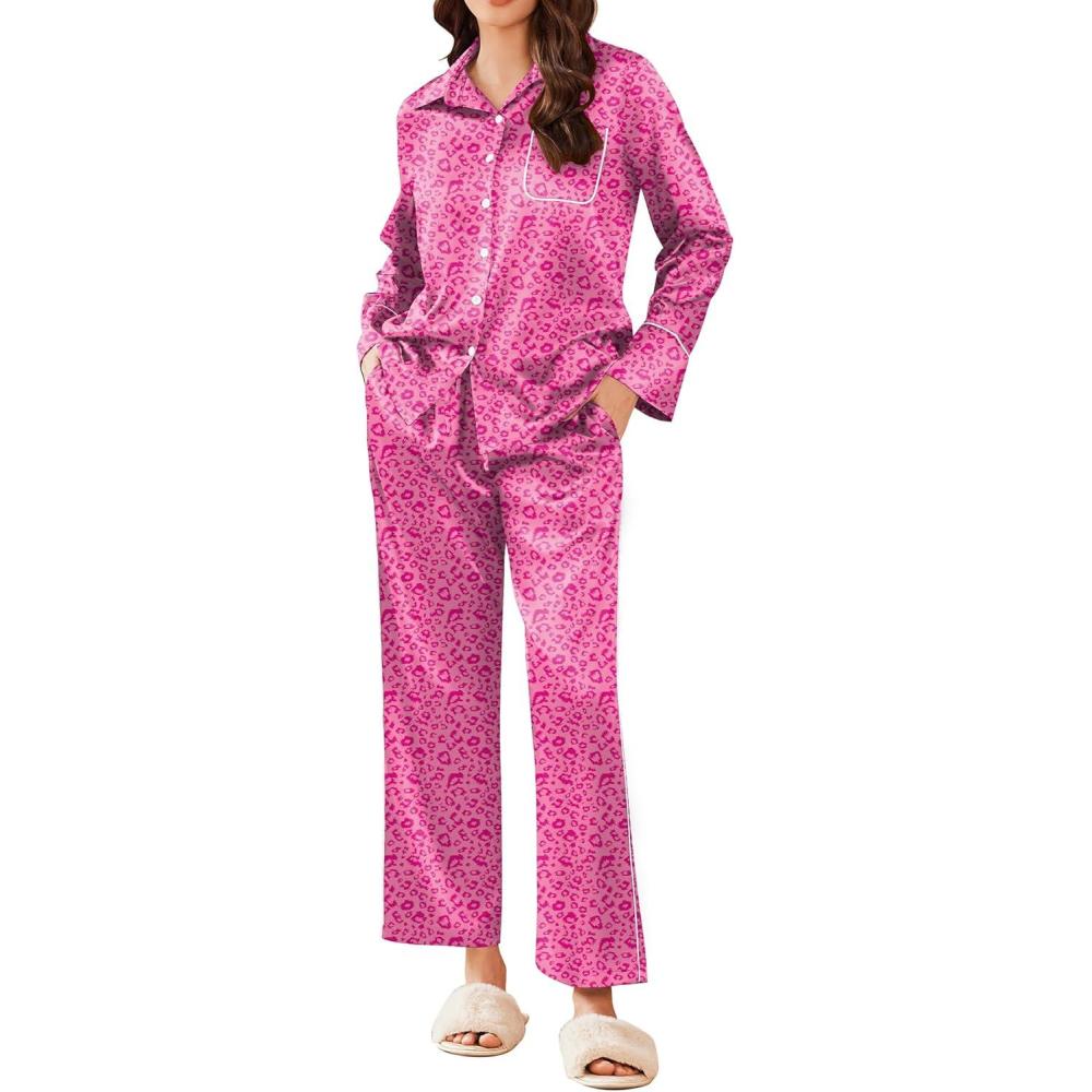 imageEkouaer Silk Pajamas for Women Satin Pajama Sets Button Down Lounge Sets Silky Pajama Long Pants Sleepwear with PocketsHot Pink Leopard