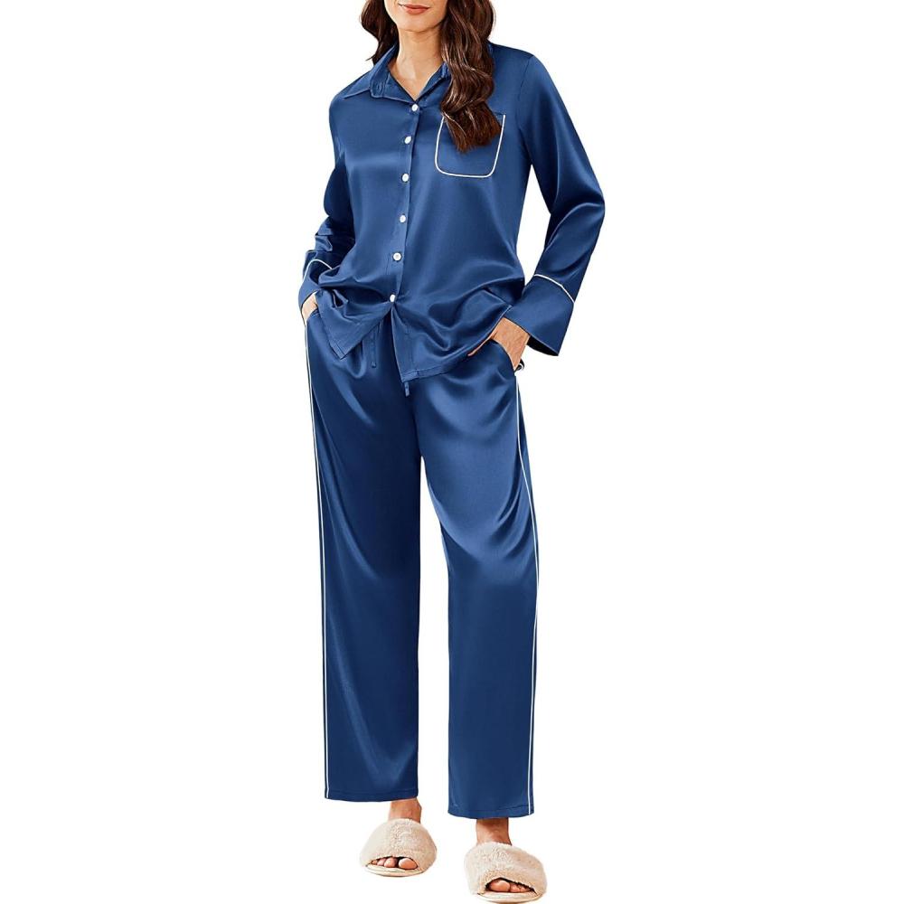 imageEkouaer Silk Pajamas for Women Satin Pajama Sets Button Down Lounge Sets Silky Pajama Long Pants Sleepwear with PocketsNavy Blue