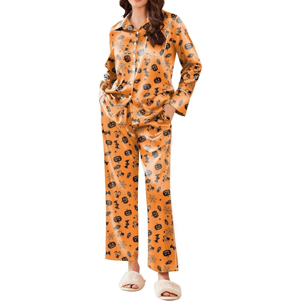 imageEkouaer Silk Pajamas for Women Satin Pajama Sets Button Down Lounge Sets Silky Pajama Long Pants Sleepwear with PocketsOrange Halloween