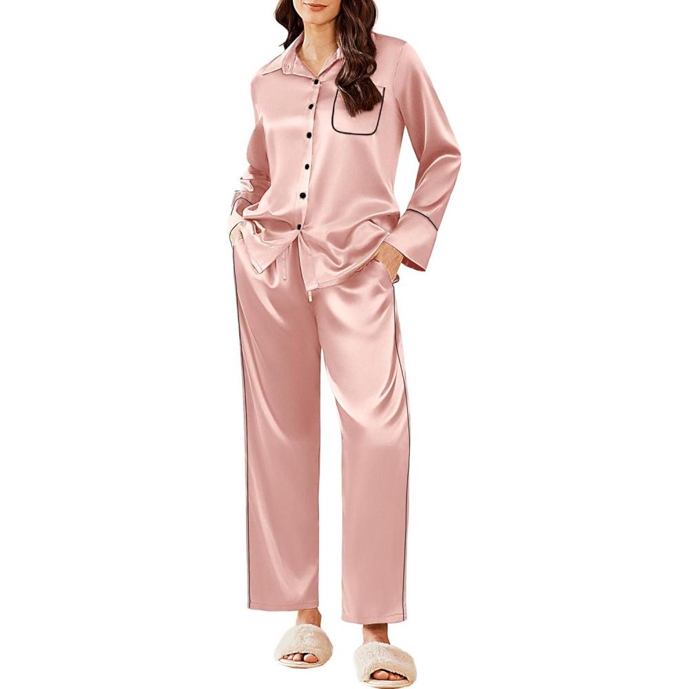 imageEkouaer Silk Pajamas for Women Satin Pajama Sets Button Down Lounge Sets Silky Pajama Long Pants Sleepwear with PocketsPink