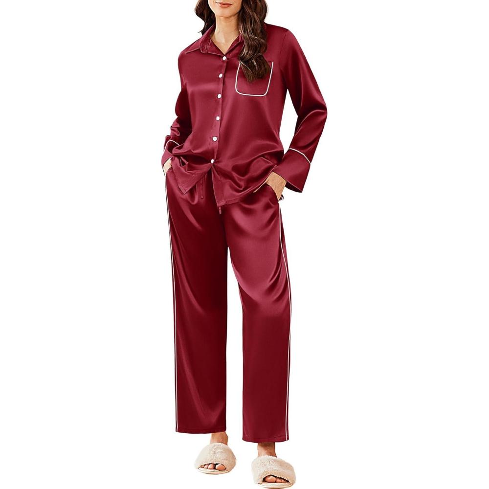 imageEkouaer Silk Pajamas for Women Satin Pajama Sets Button Down Lounge Sets Silky Pajama Long Pants Sleepwear with PocketsWine Red