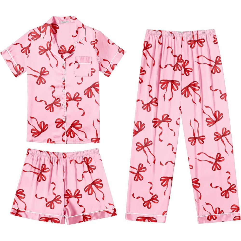 imageEkouaer Silk Pajamas for Women Set Satin Pjs Soft Short Sleeve Button Down Sleepwear 3 Piece Loungewear SXXLBow