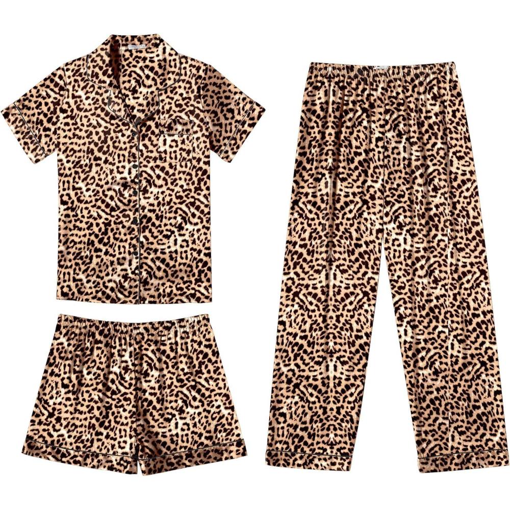 imageEkouaer Silk Pajamas for Women Set Satin Pjs Soft Short Sleeve Button Down Sleepwear 3 Piece Loungewear SXXLLeopard