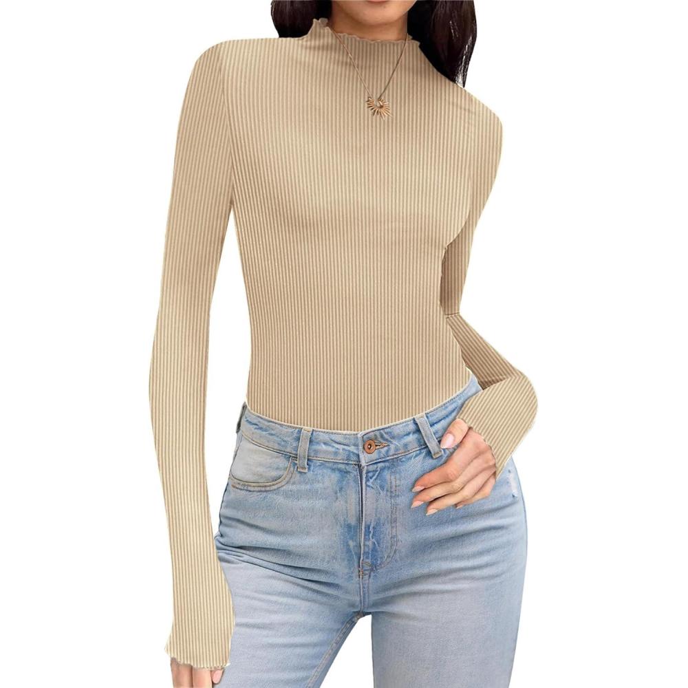 imageEkouaer Thermal Turtleneck Shirt Women Ribbed Long Sleeve Mock Neck Tops Slim Fit Lettuce Trim Base LayerBeige