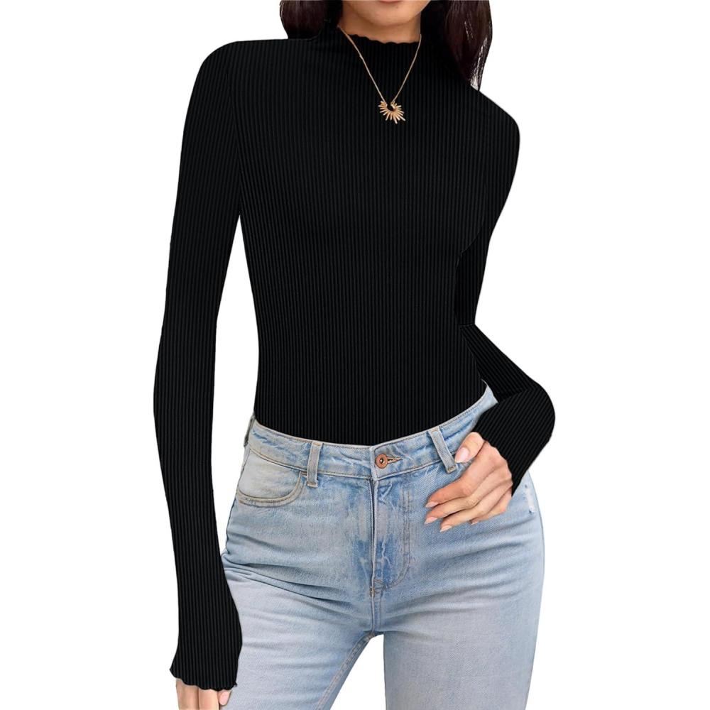 imageEkouaer Thermal Turtleneck Shirt Women Ribbed Long Sleeve Mock Neck Tops Slim Fit Lettuce Trim Base LayerBlack