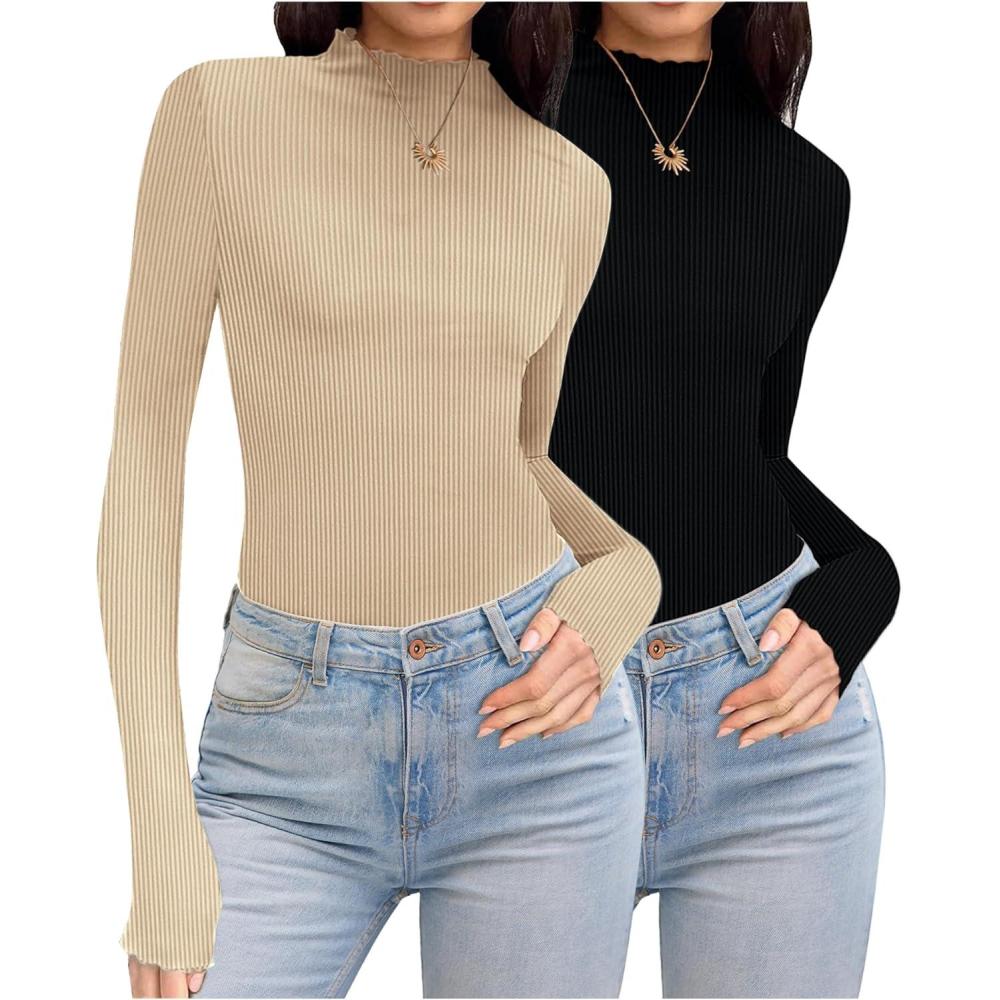 imageEkouaer Thermal Turtleneck Shirt Women Ribbed Long Sleeve Mock Neck Tops Slim Fit Lettuce Trim Base LayerBlackBeige