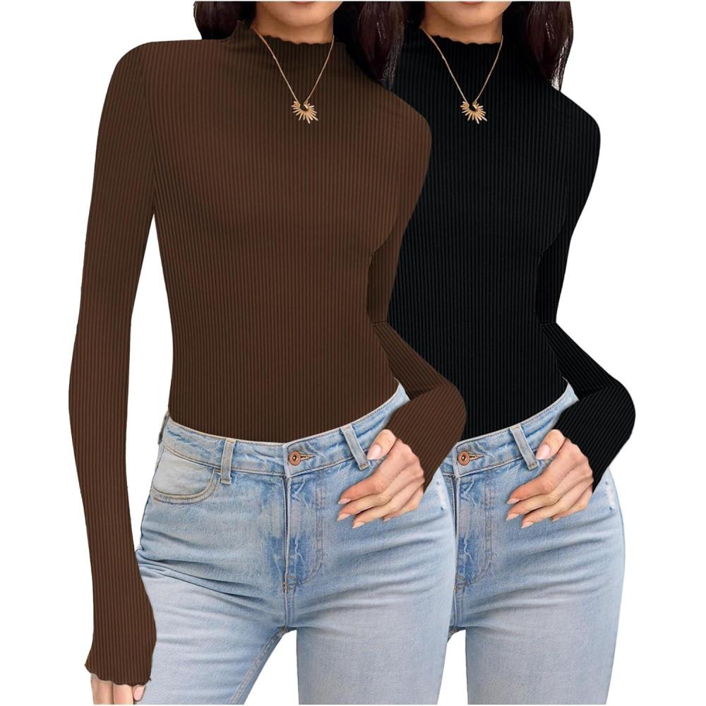 imageEkouaer Thermal Turtleneck Shirt Women Ribbed Long Sleeve Mock Neck Tops Slim Fit Lettuce Trim Base LayerBlackBrown