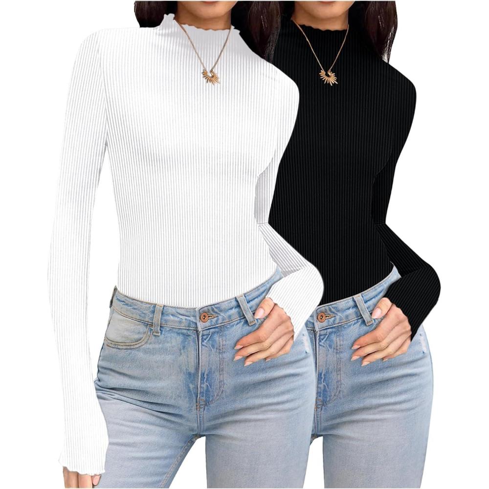 imageEkouaer Thermal Turtleneck Shirt Women Ribbed Long Sleeve Mock Neck Tops Slim Fit Lettuce Trim Base LayerBlackWhite