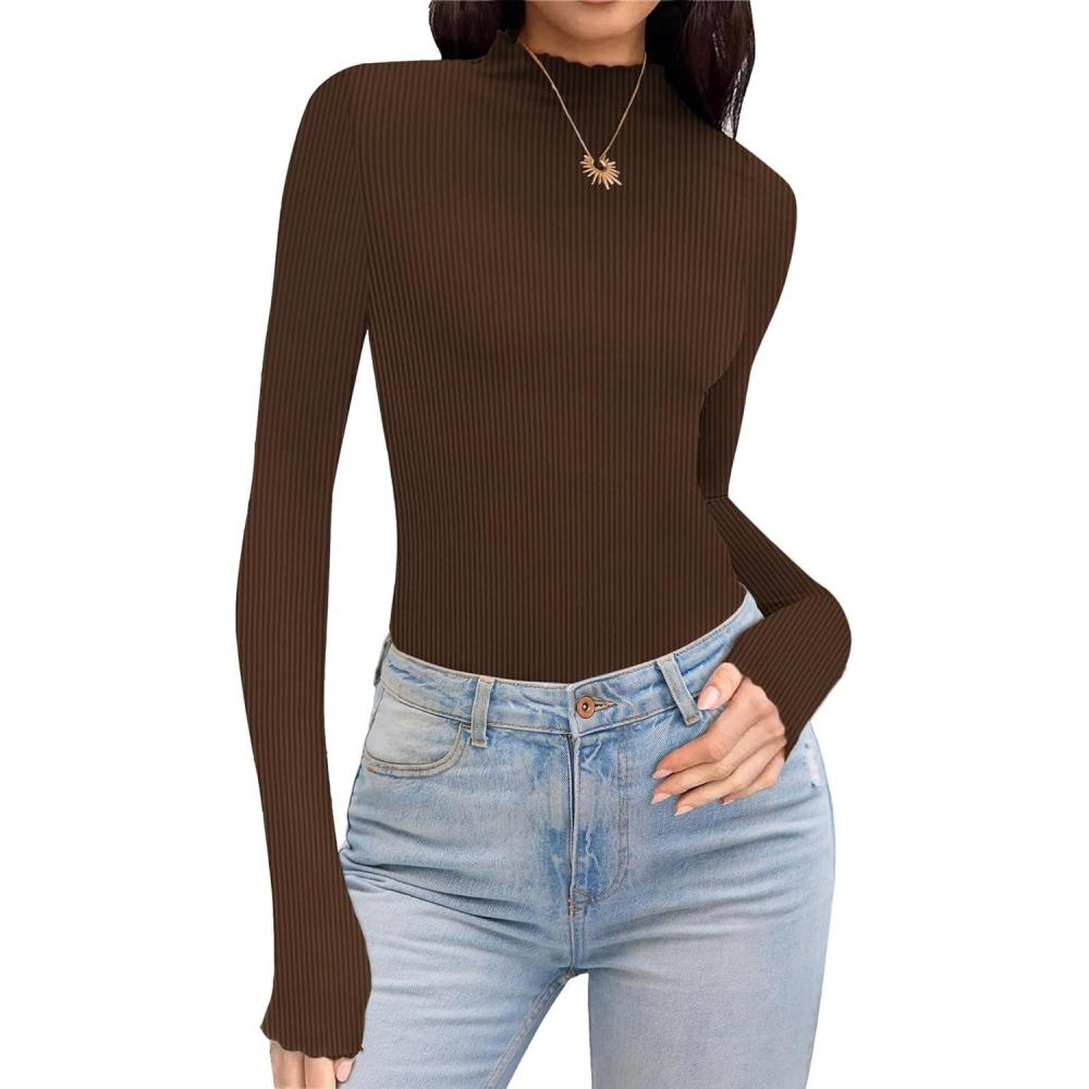 imageEkouaer Thermal Turtleneck Shirt Women Ribbed Long Sleeve Mock Neck Tops Slim Fit Lettuce Trim Base LayerBrown