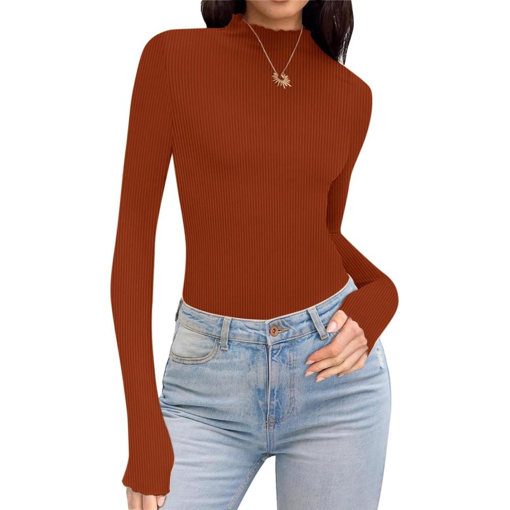 imageEkouaer Thermal Turtleneck Shirt Women Ribbed Long Sleeve Mock Neck Tops Slim Fit Lettuce Trim Base LayerCaramel