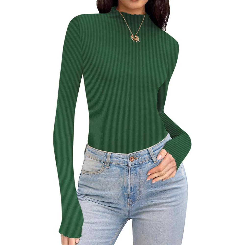 imageEkouaer Thermal Turtleneck Shirt Women Ribbed Long Sleeve Mock Neck Tops Slim Fit Lettuce Trim Base LayerGreen