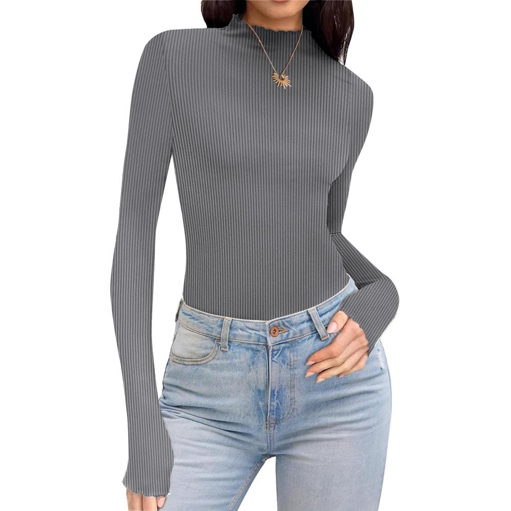 imageEkouaer Thermal Turtleneck Shirt Women Ribbed Long Sleeve Mock Neck Tops Slim Fit Lettuce Trim Base LayerGrey